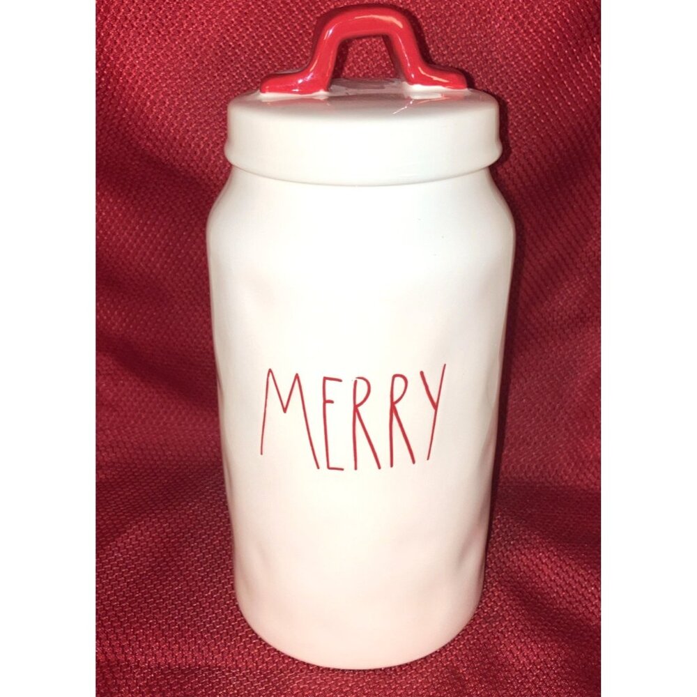 RAE DUNN MERRY Canister 9.5” Red Handle Magenta Ceramic Collectible, Kitchen